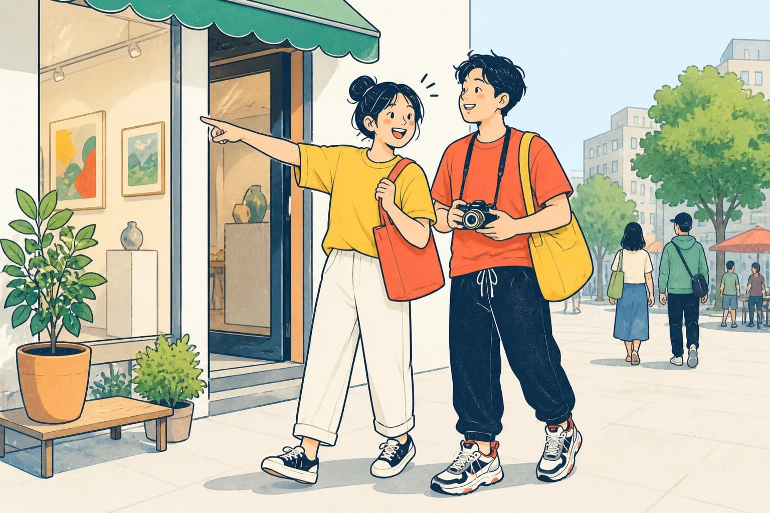 兩位閒人在城市街角一起找店與拍照