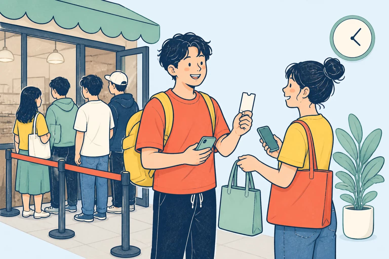 代排者在店門口與委託人交接號碼牌