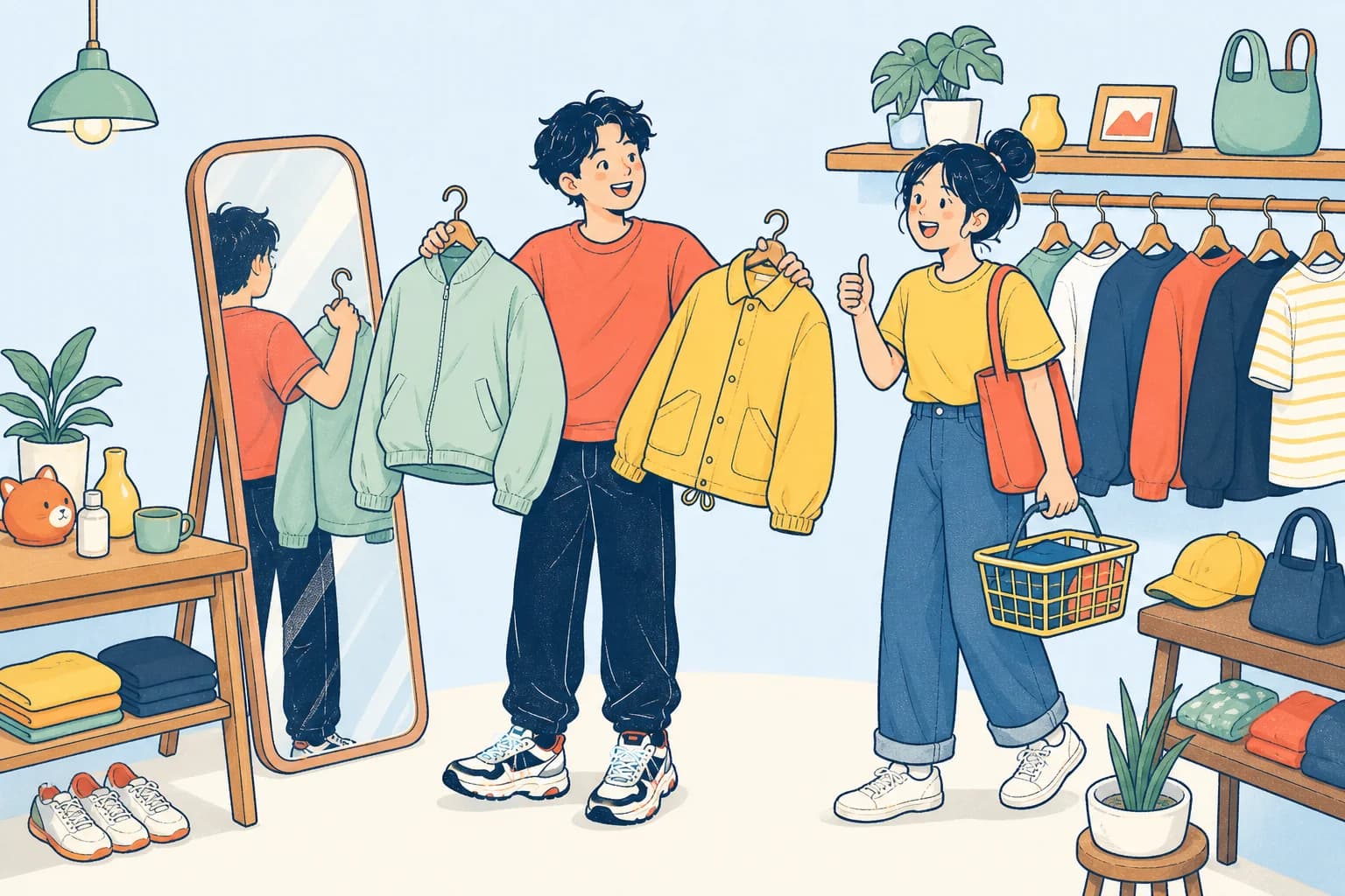 兩位閒人在服飾店一起比較外套